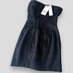 Zara Denim off - the-shoulder dress with a metallic side zip